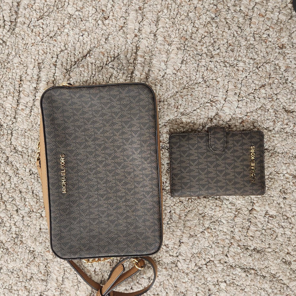 Michael Kors Brown Jet Set crossbody Brown and wallett for $100  retails over425